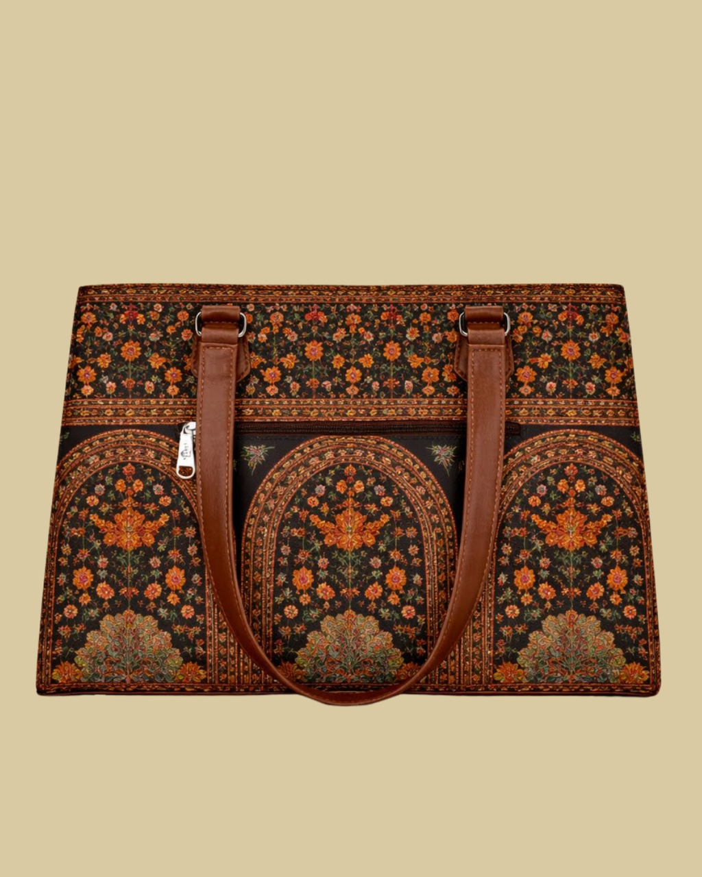 Decorative bag with floral patterns and brown handles on a beige background