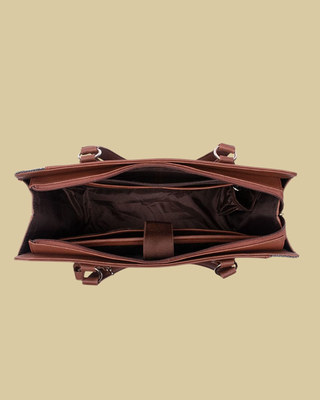 Brown leather bag on a beige background
