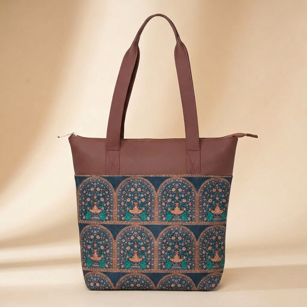 HandyJute Navy Blue Traditional Arch Print Tote Bag with Brown Handles for Women