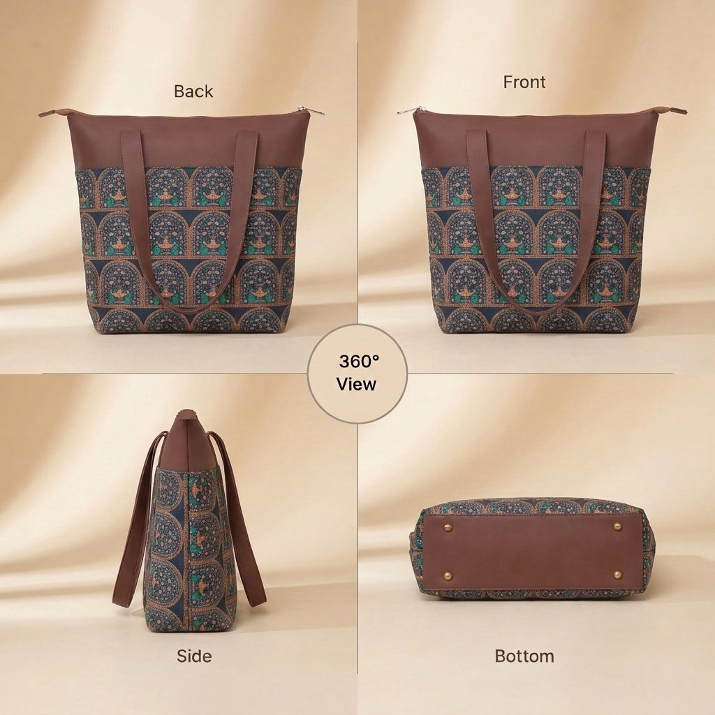 HandyJute Navy Blue Traditional Arch Print Tote Bag with Brown Handles for Women