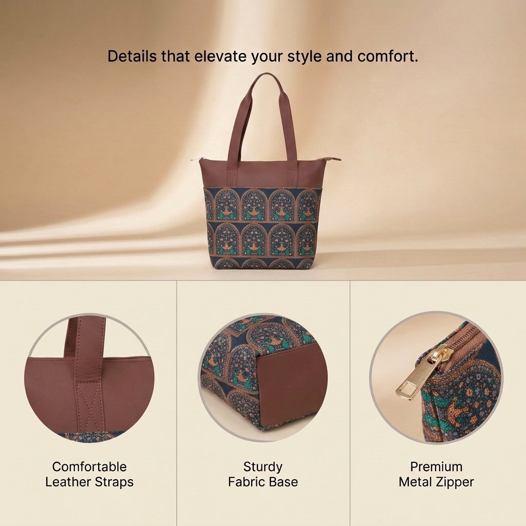 HandyJute Navy Blue Traditional Arch Print Tote Bag with Brown Handles for Women