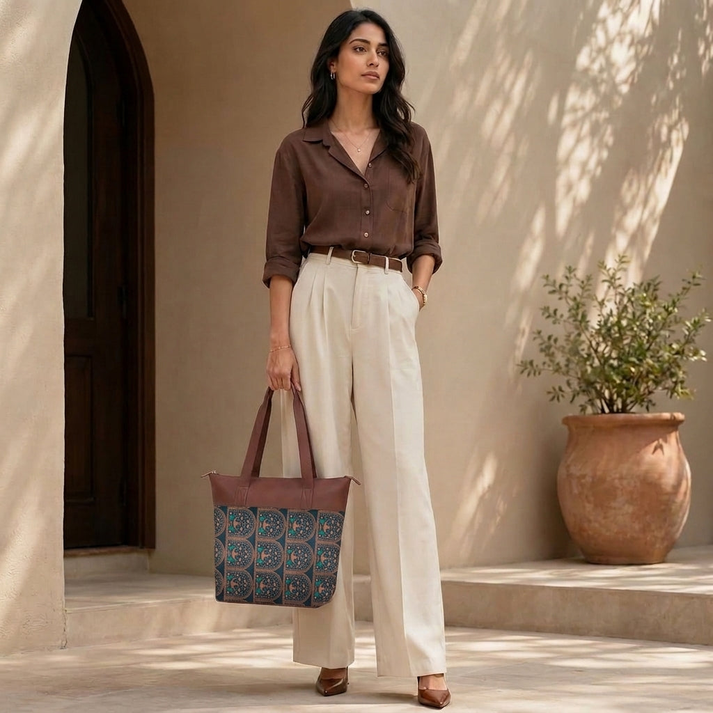 HandyJute Navy Blue Traditional Arch Print Tote Bag with Brown Handles for Women