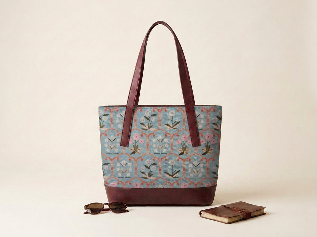 HandyJute Light Blue Floral Print Tote Bag