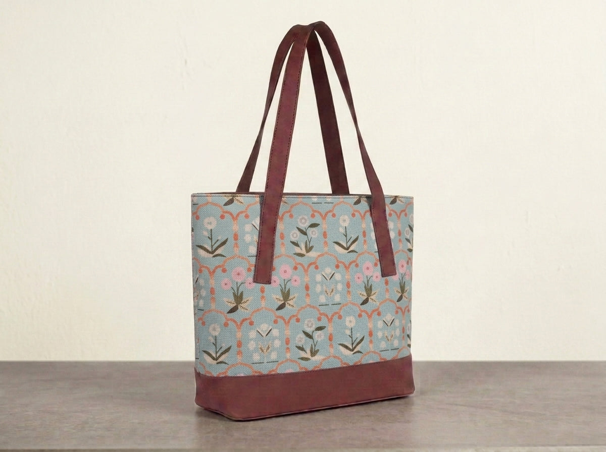 HandyJute Light Blue Floral Print Tote Bag