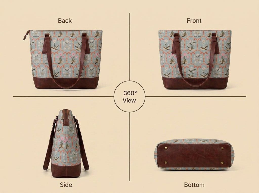 HandyJute Light Blue Floral Print Tote Bag