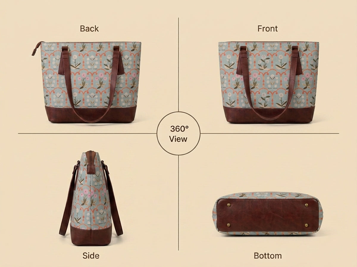 HandyJute Light Blue Floral Print Tote Bag