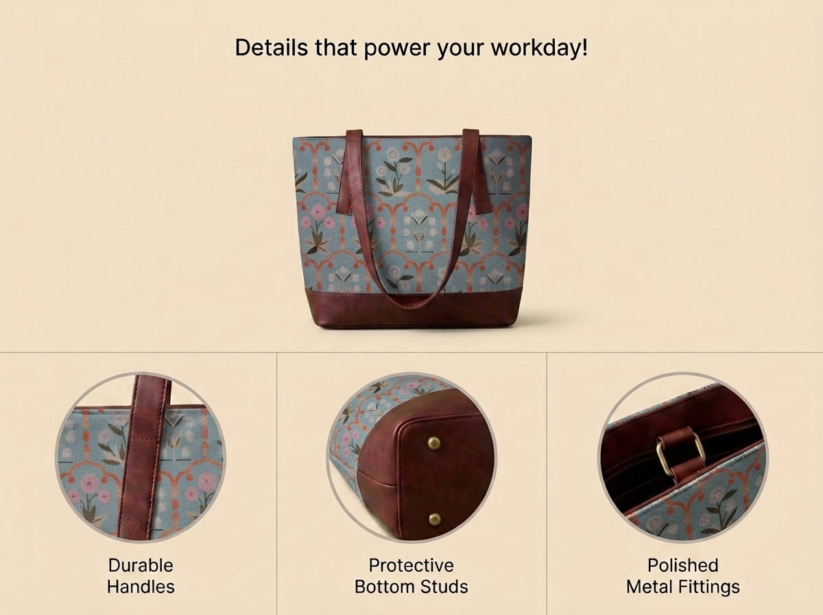 HandyJute Light Blue Floral Print Tote Bag