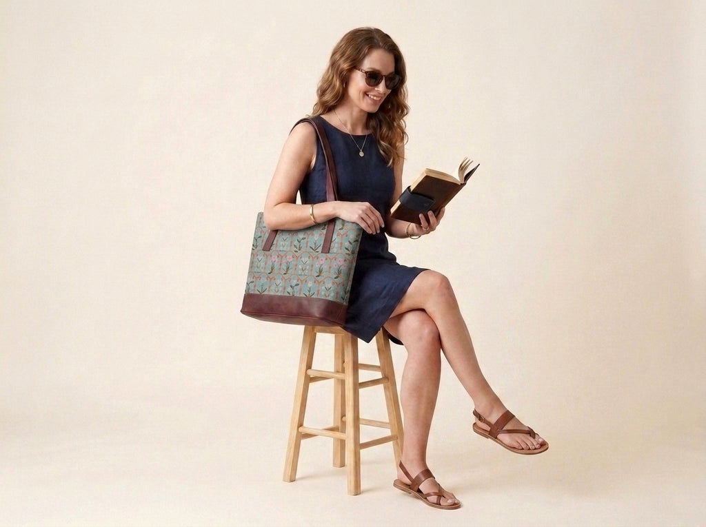 HandyJute Light Blue Floral Print Tote Bag