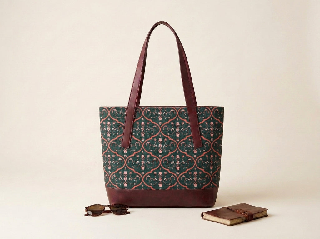 HandyJute Dark Green Floral Ornamental Print Tote Bag