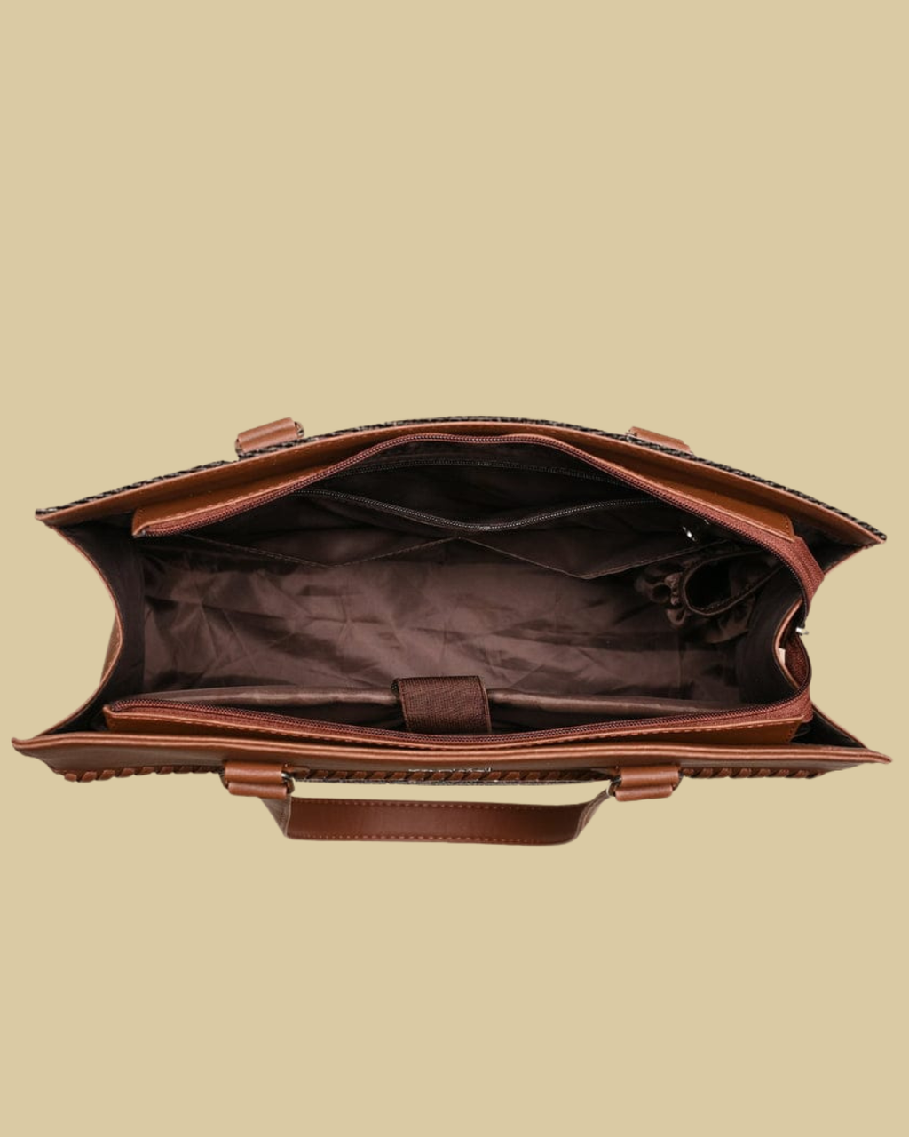 Brown leather briefcase on a beige background