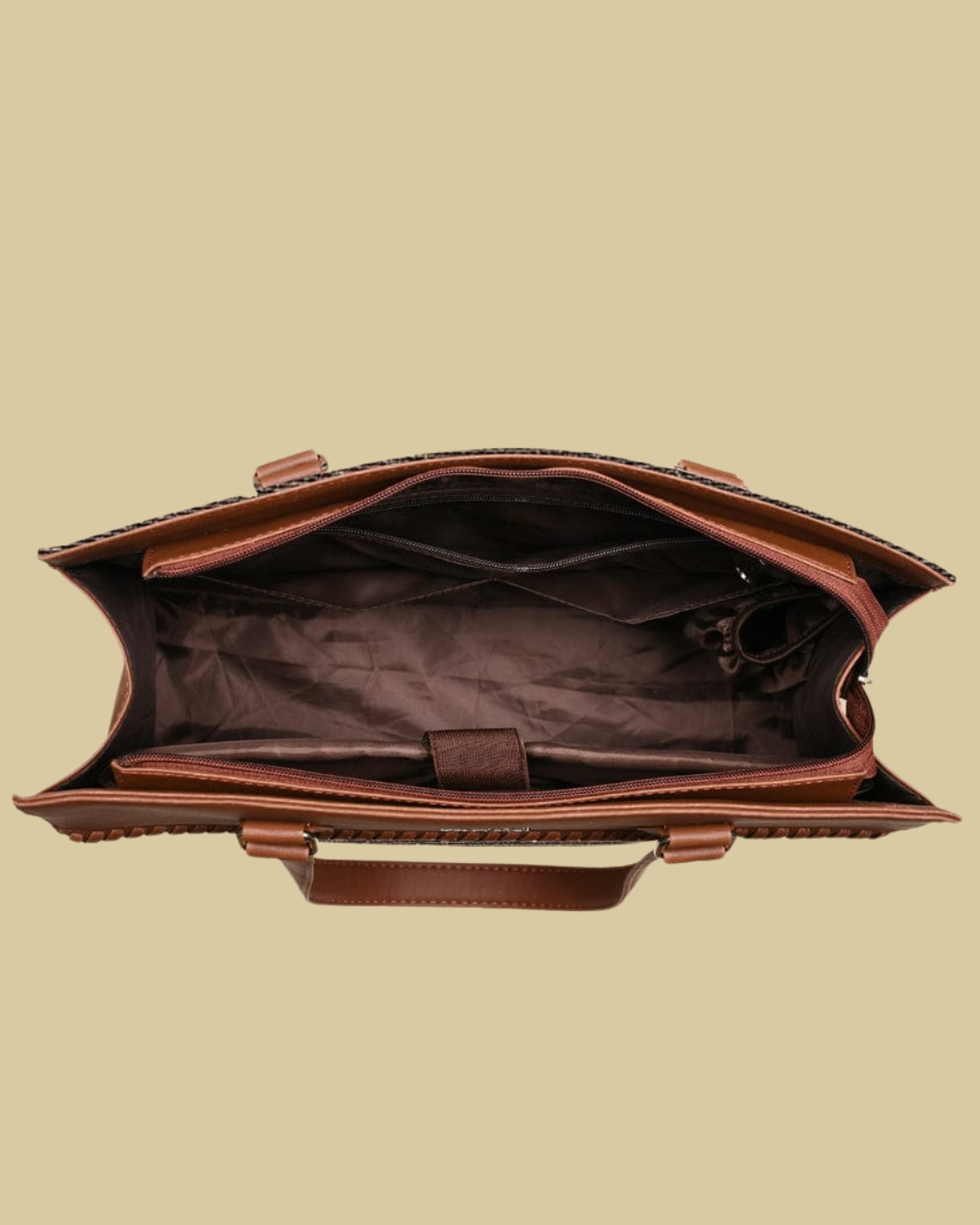 Brown leather briefcase on a beige background