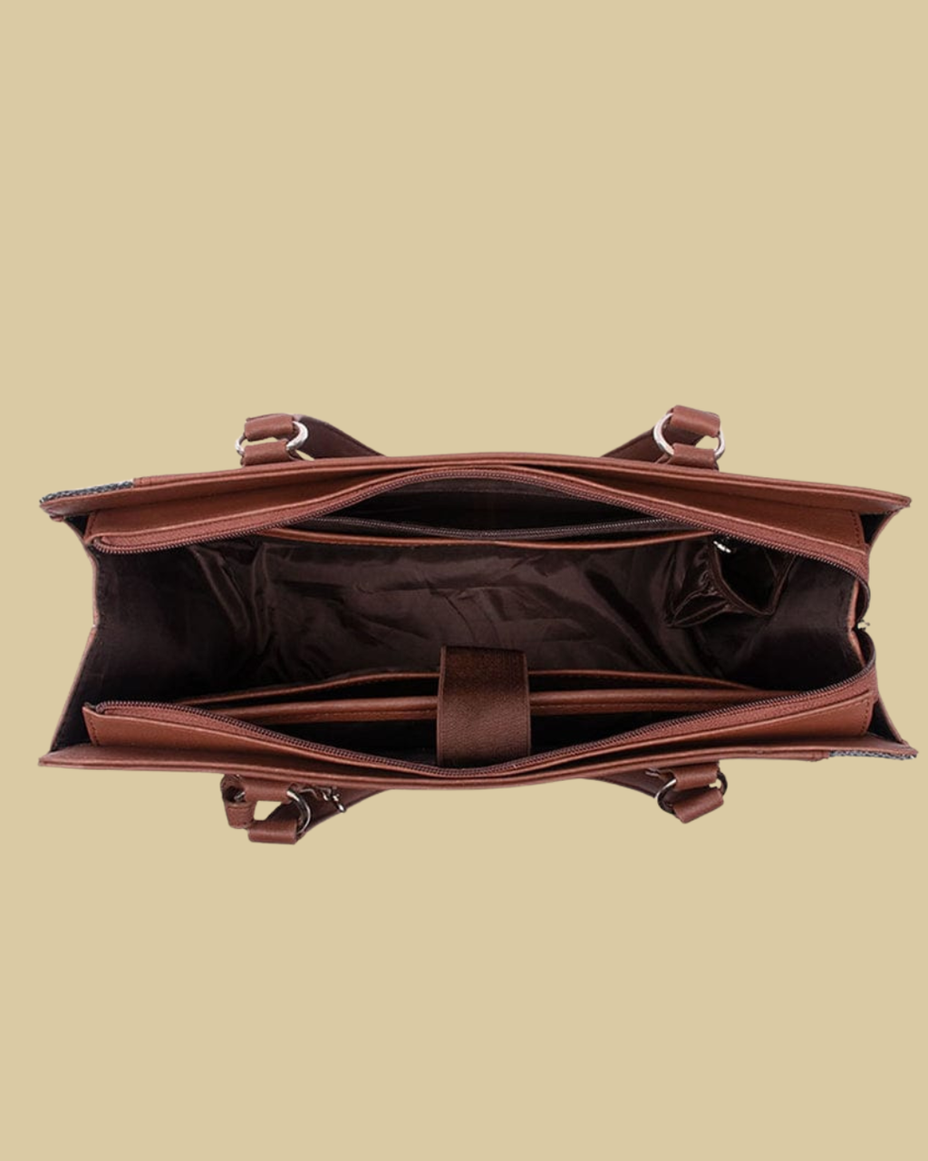 Brown leather bag on a beige background