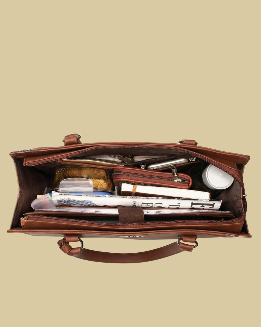 Brown leather briefcase with items inside on a beige background