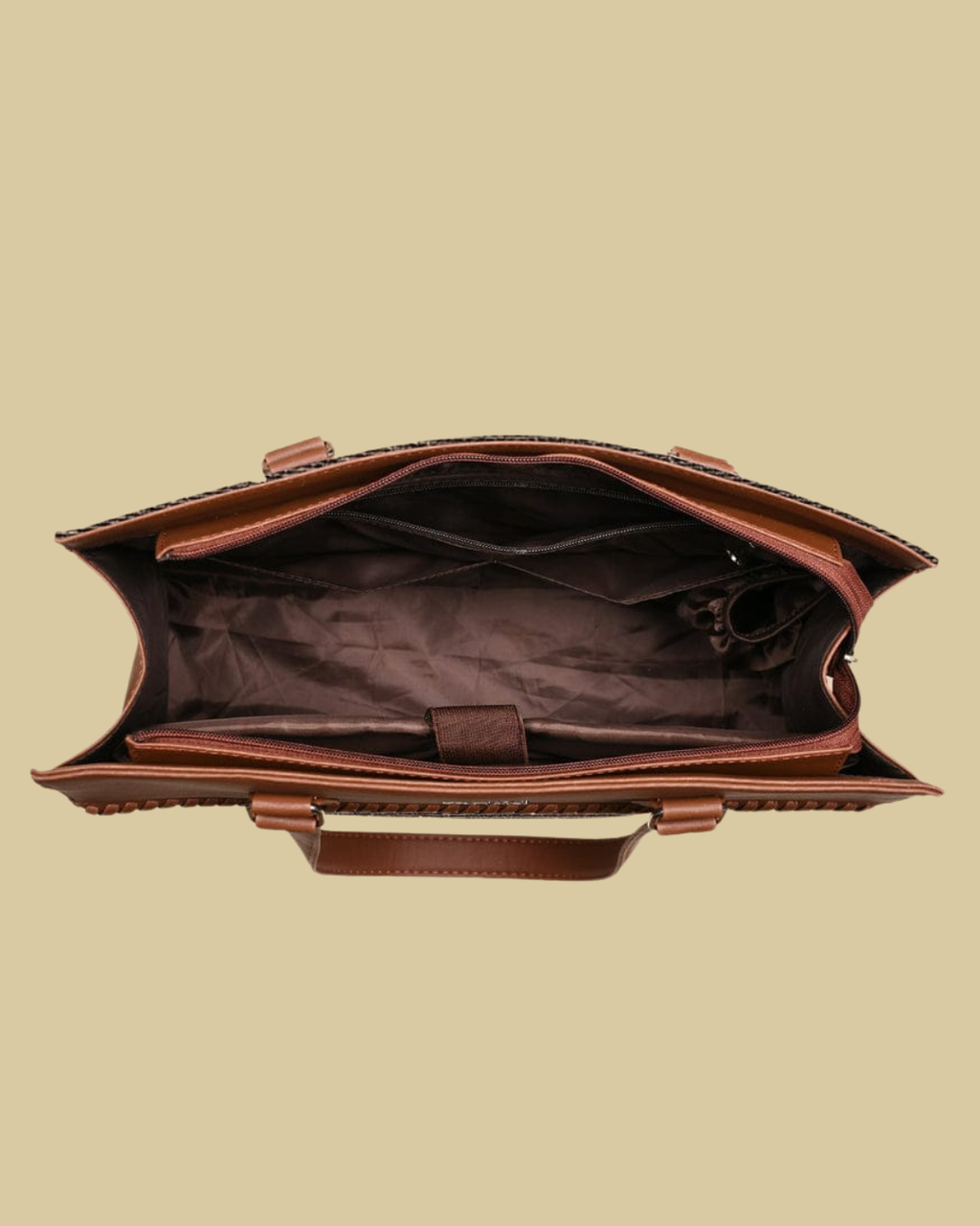 Brown leather briefcase on a beige background