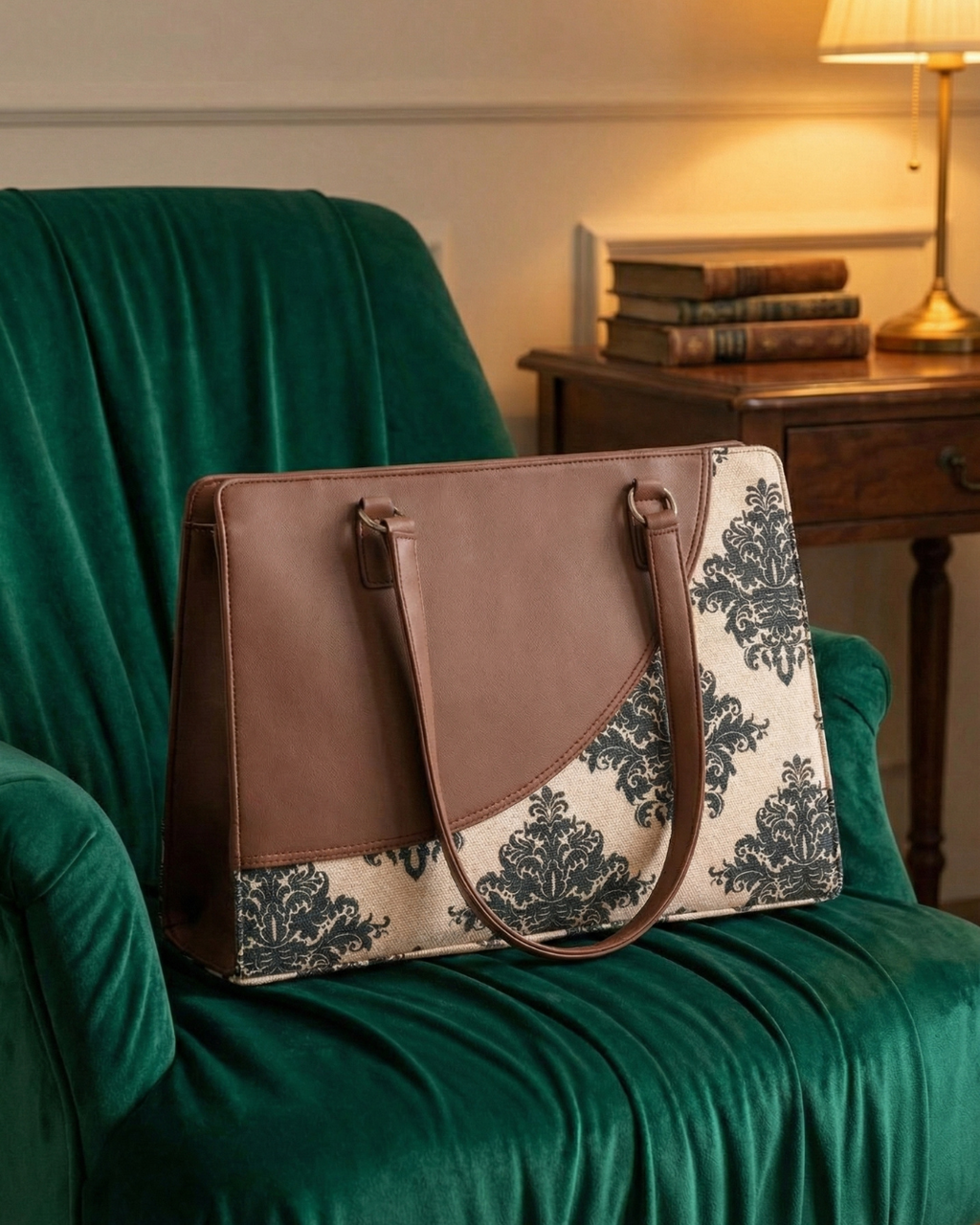 Designer handbag with floral pattern on a green armchair