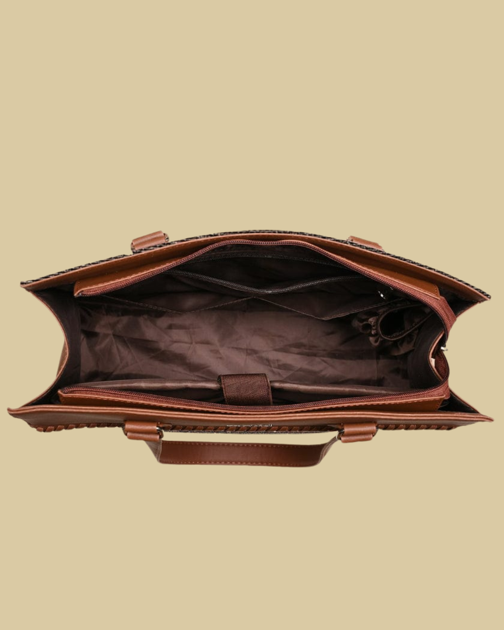 Brown leather briefcase on a beige background
