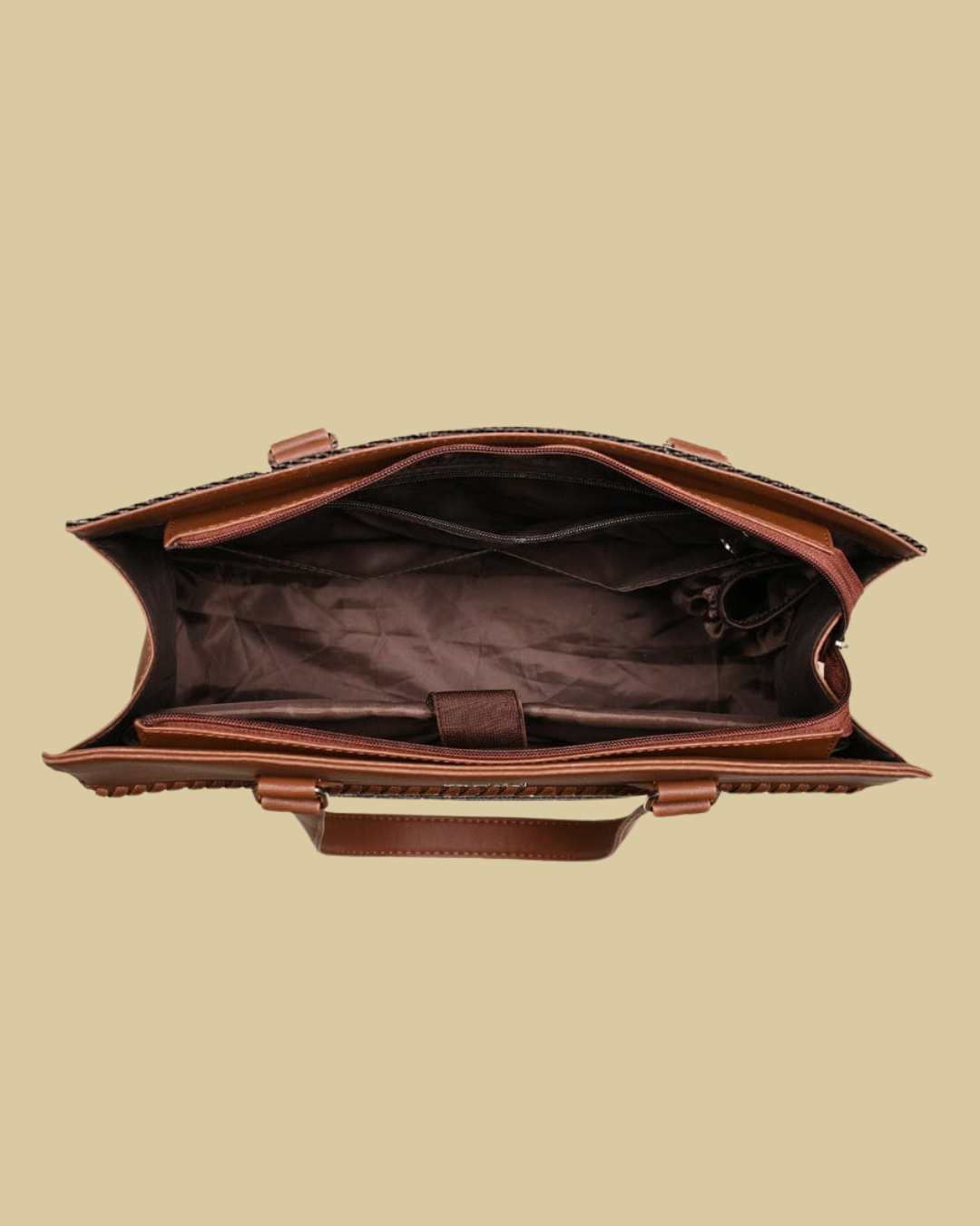 Brown leather briefcase on a beige background