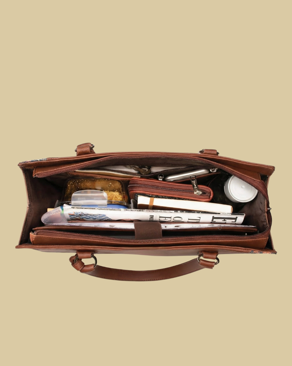Brown leather briefcase with various items on a beige background