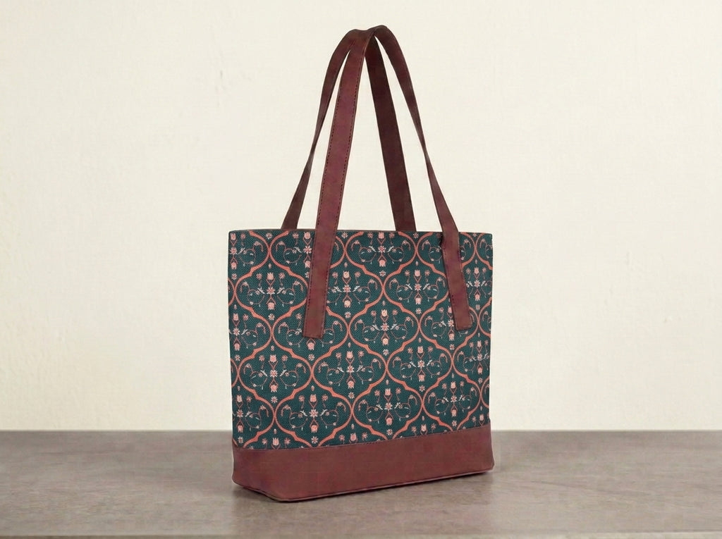 HandyJute Dark Green Floral Ornamental Print Tote Bag