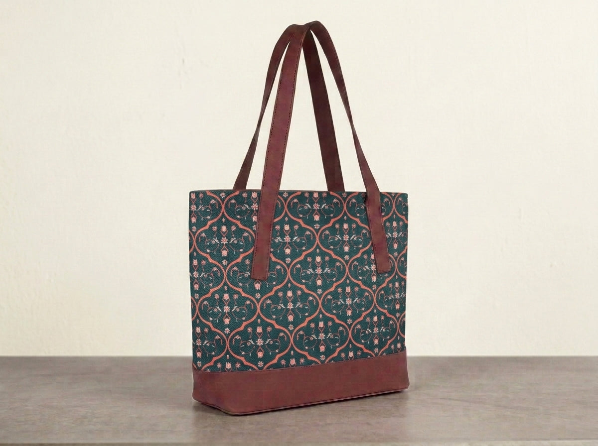 HandyJute Dark Green Floral Ornamental Print Tote Bag