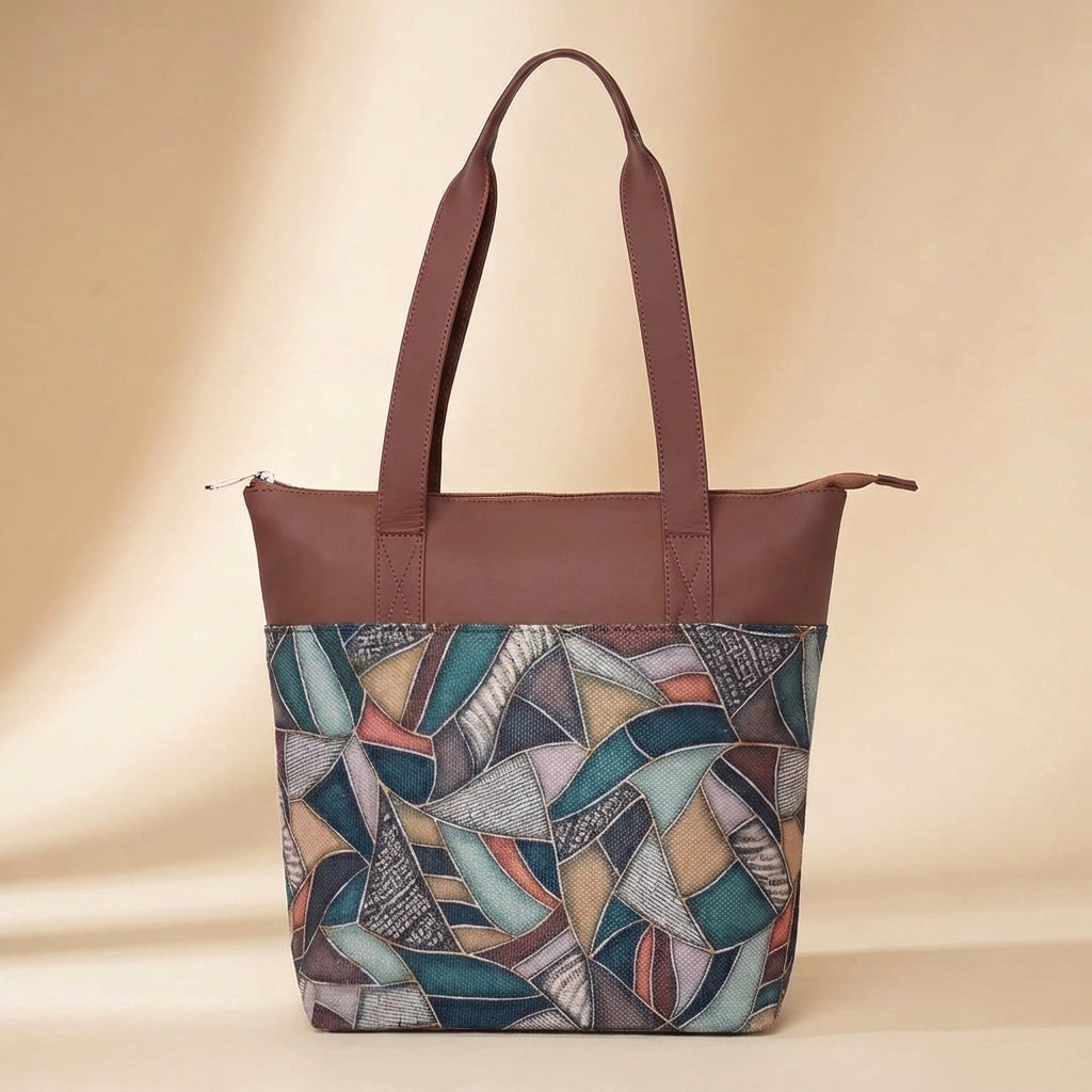 HandyJute Multicolor Abstract Geometric Print Tote Bag with Brown Handles for Women