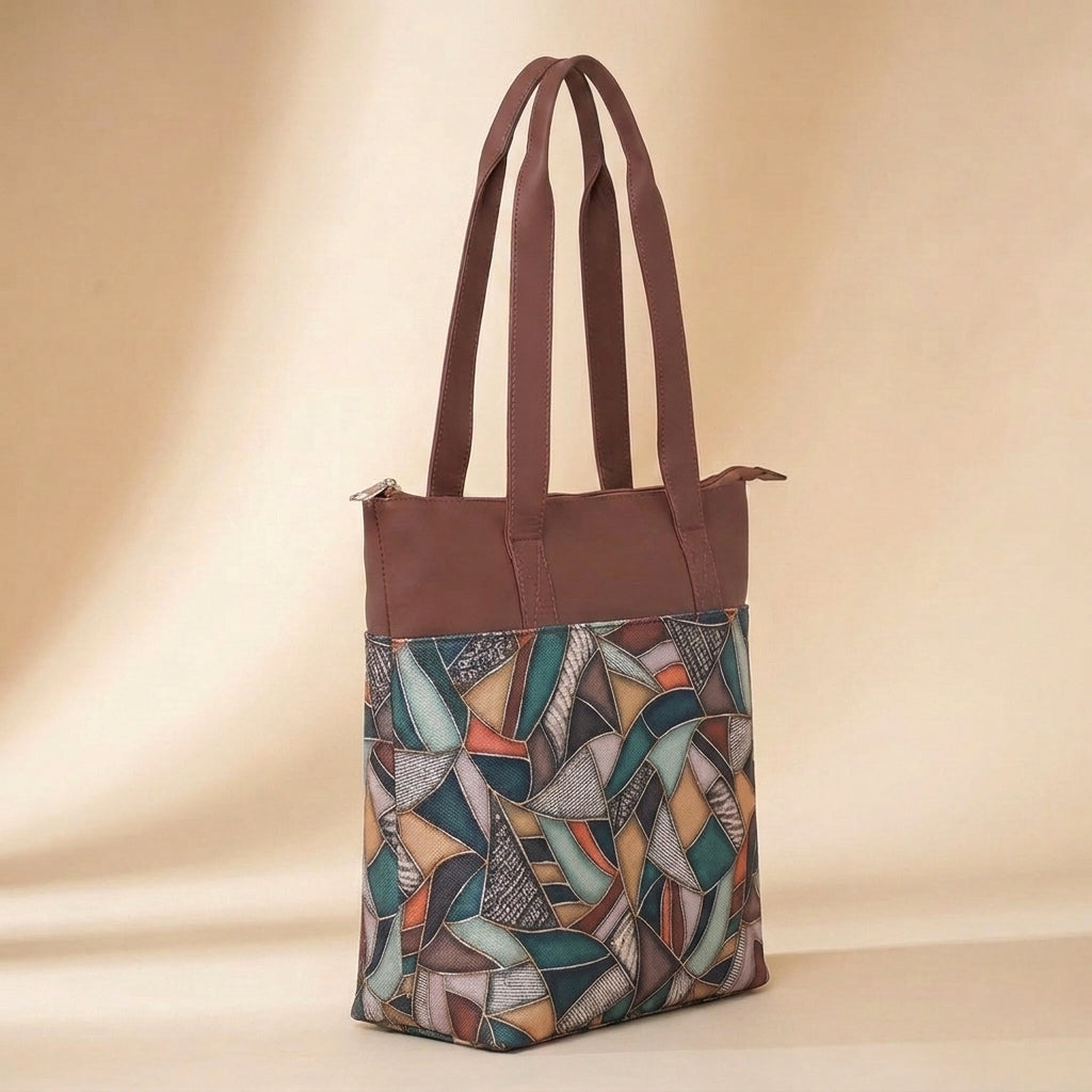 HandyJute Multicolor Abstract Geometric Print Tote Bag with Brown Handles for Women