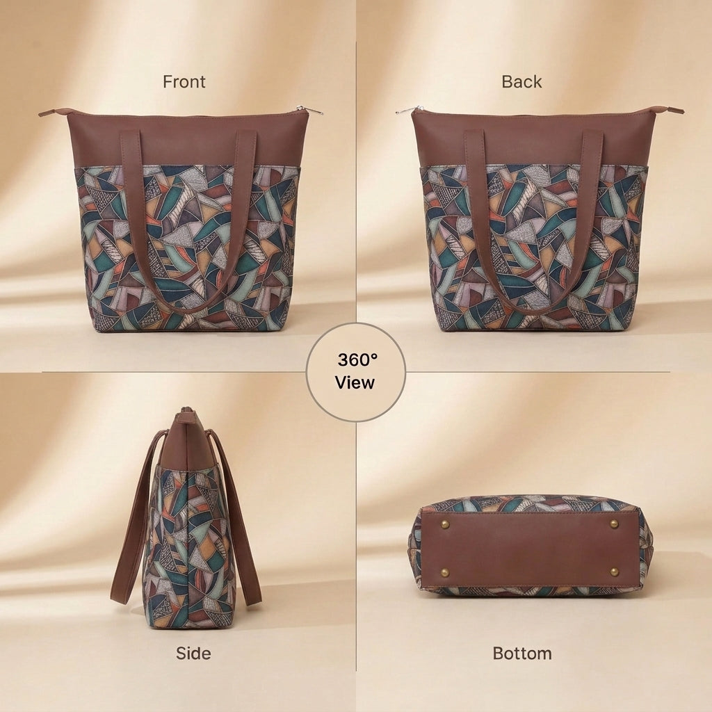 HandyJute Multicolor Abstract Geometric Print Tote Bag with Brown Handles for Women