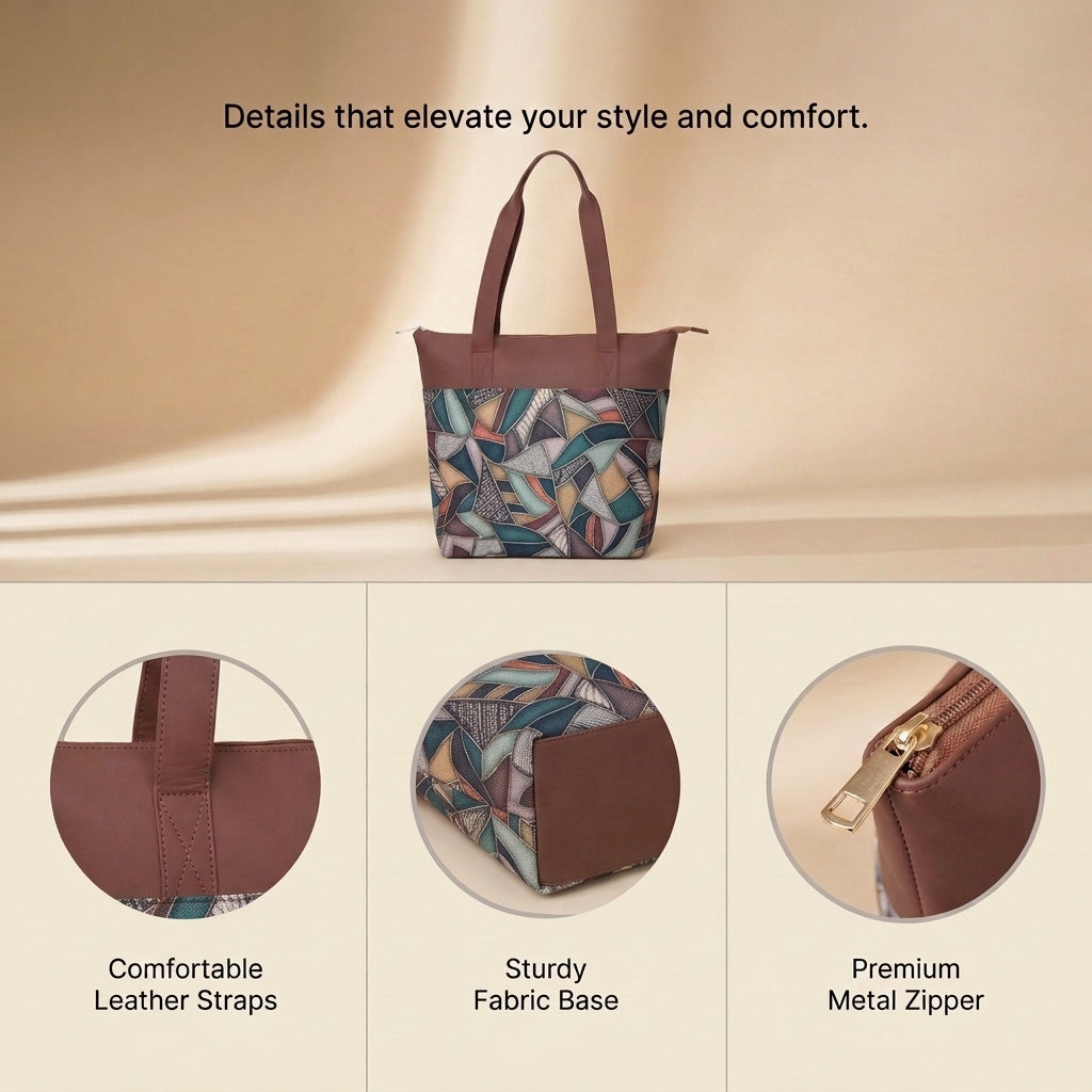 HandyJute Multicolor Abstract Geometric Print Tote Bag with Brown Handles for Women