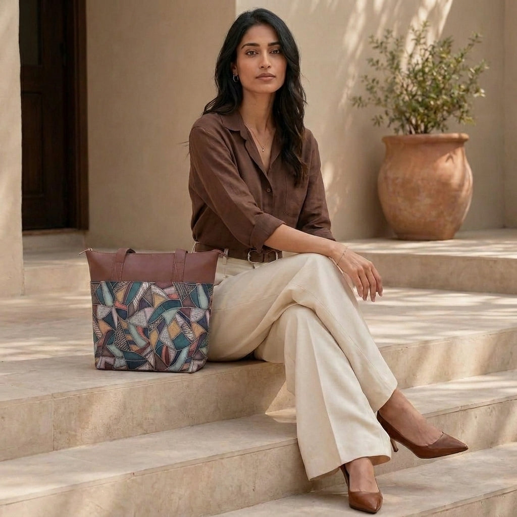 HandyJute Multicolor Abstract Geometric Print Tote Bag with Brown Handles for Women