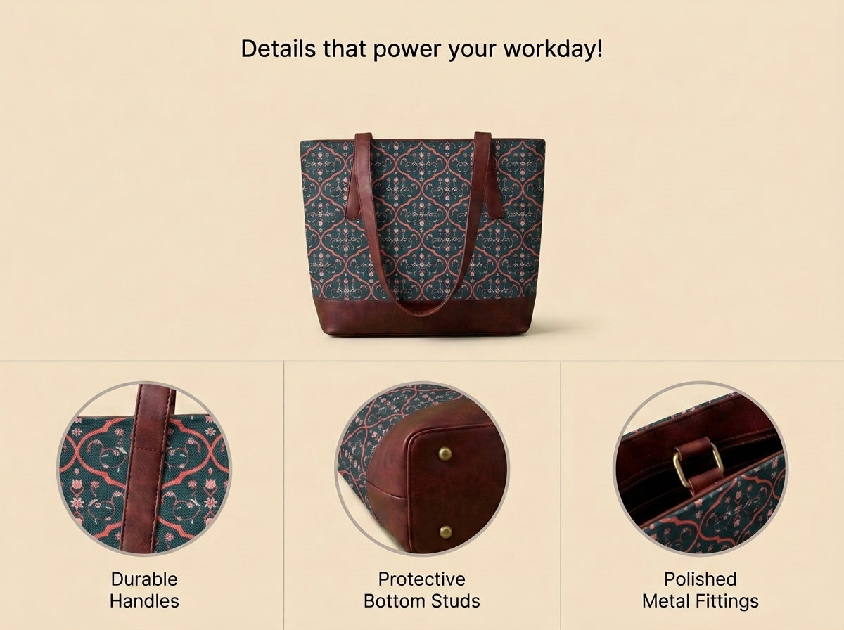 HandyJute Dark Green Floral Ornamental Print Tote Bag