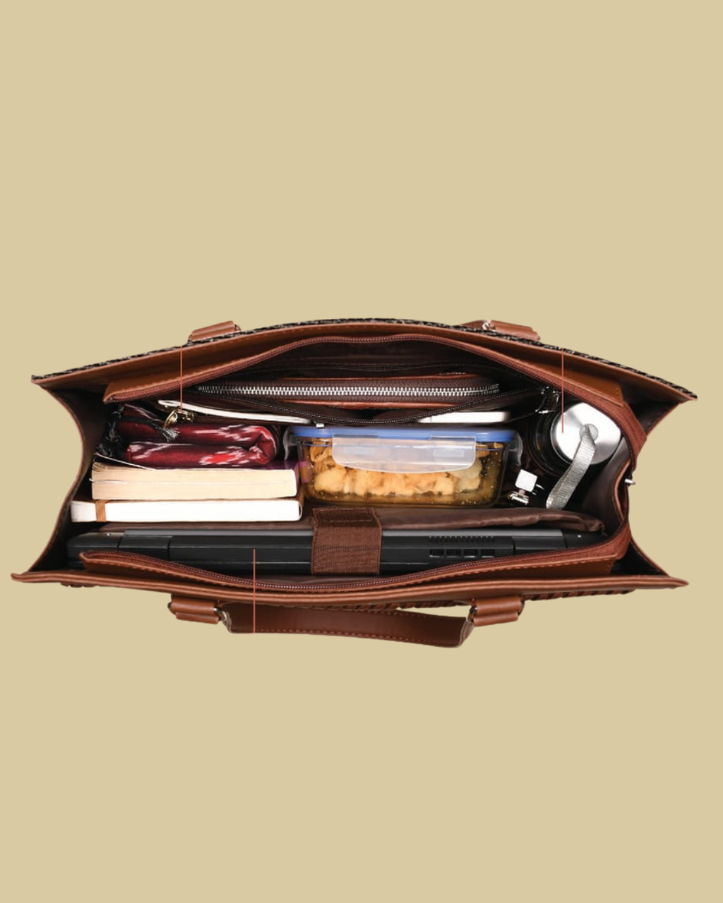 Brown leather briefcase with compartments on a beige background