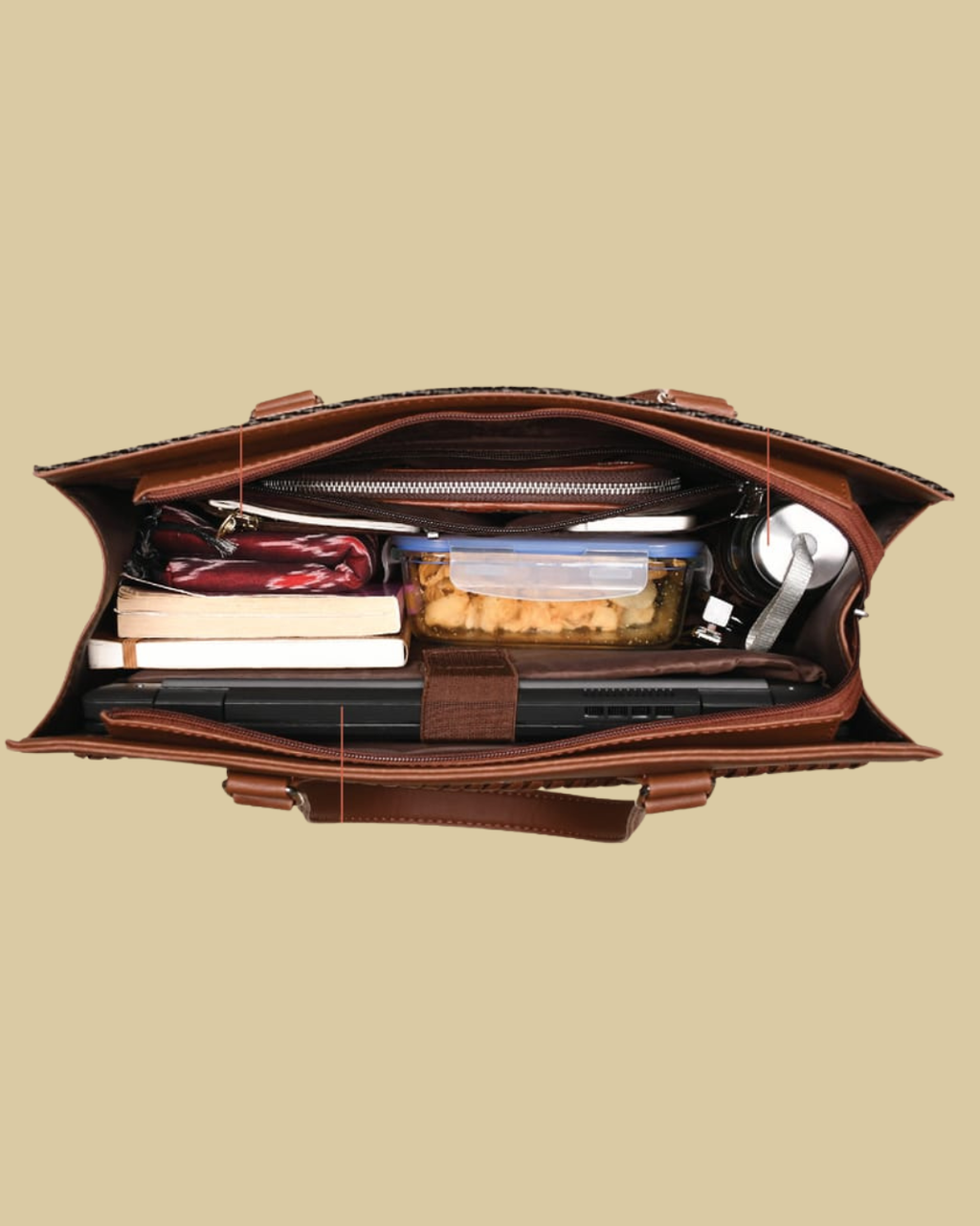 Brown leather briefcase with compartments on a beige background