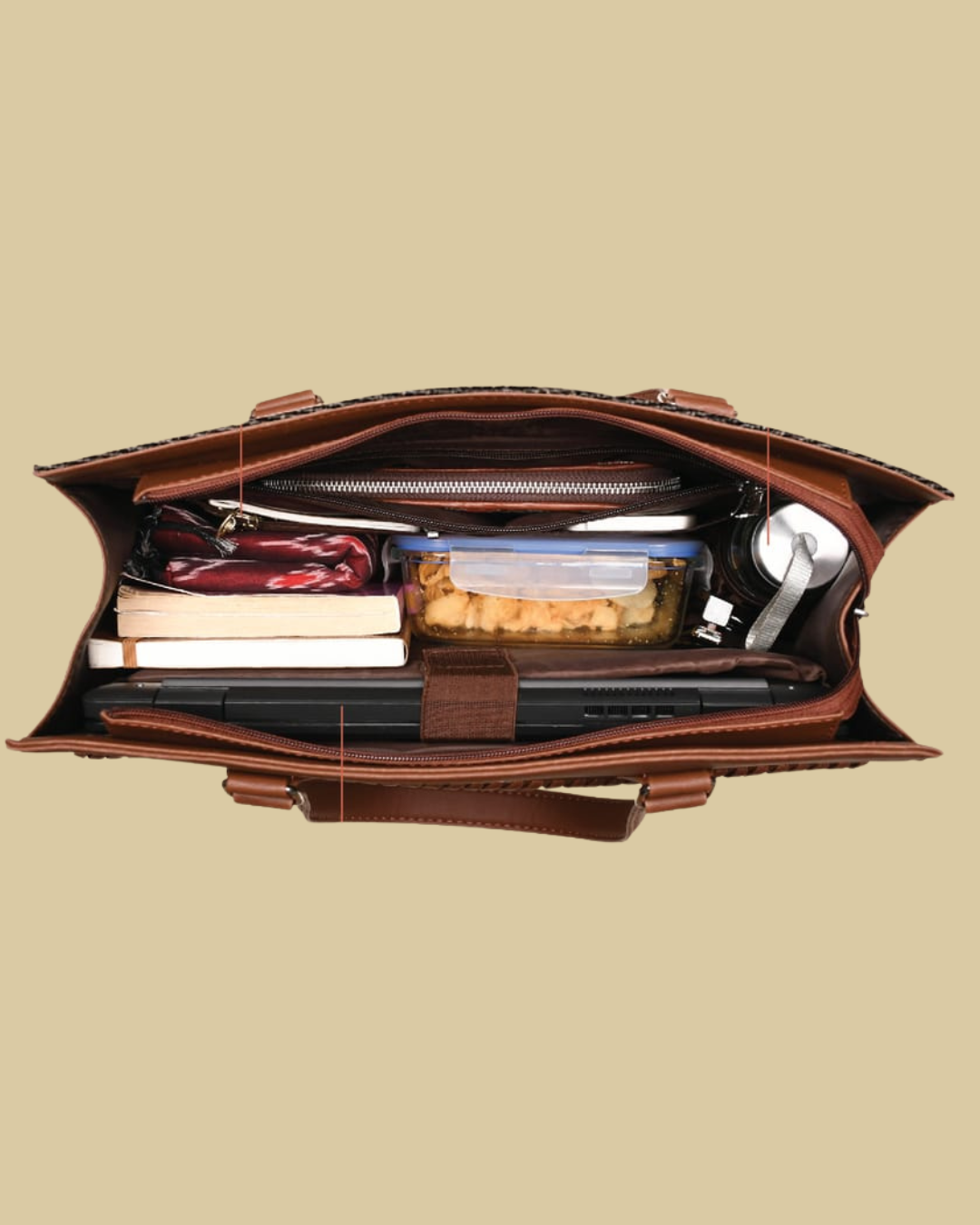 Brown leather briefcase with compartments on a beige background