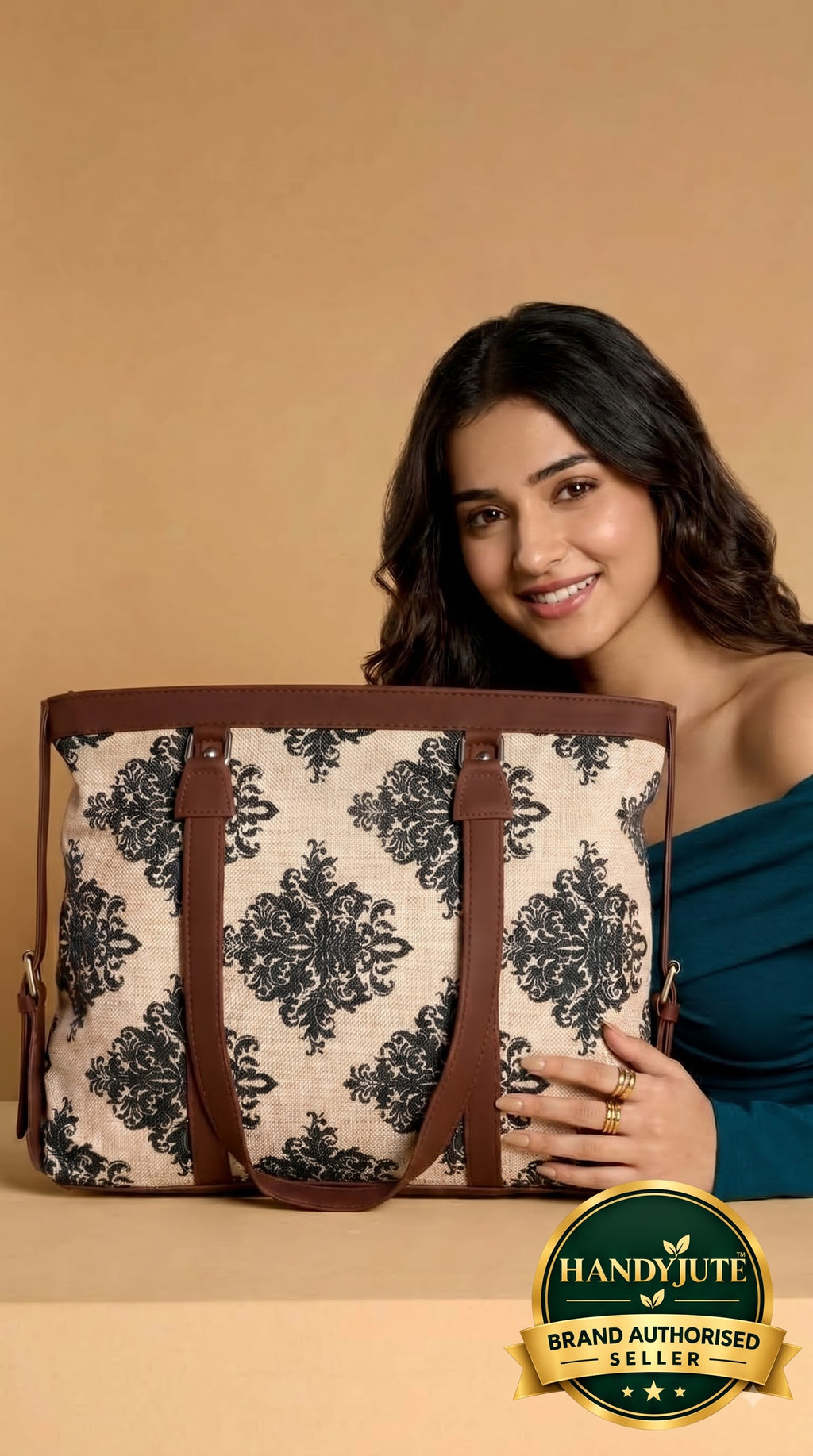 Beige & Black Damask office bag for women