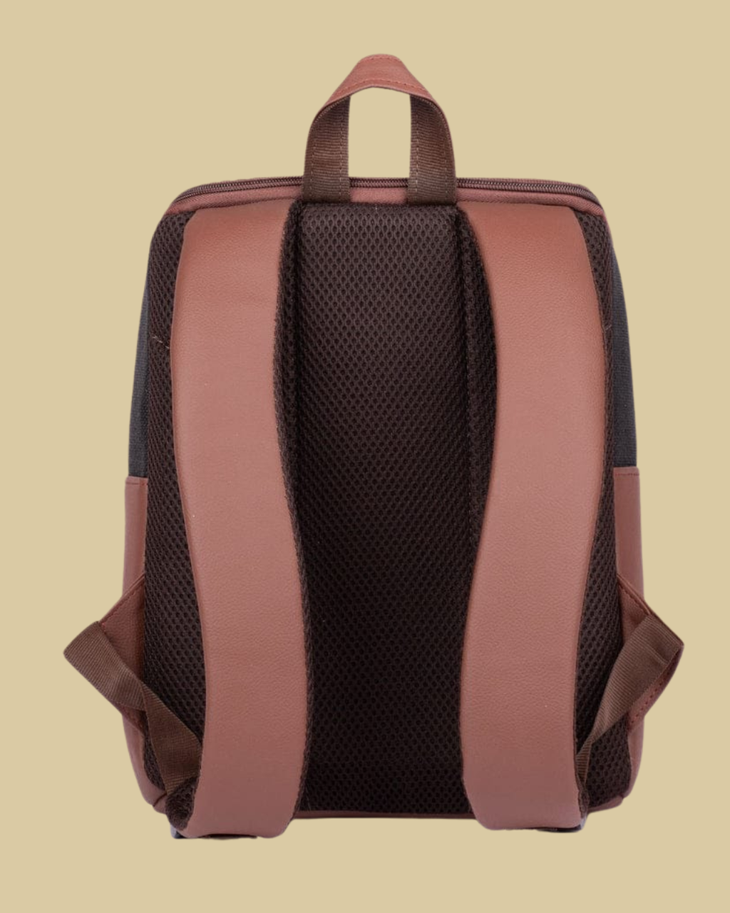 Back view of a brown backpack on a beige background