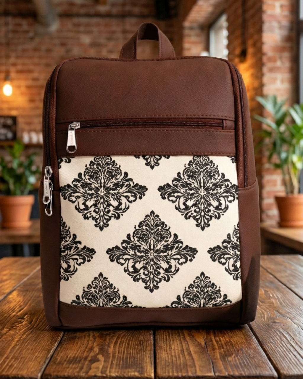 Brown backpack with black floral pattern on a wooden surface