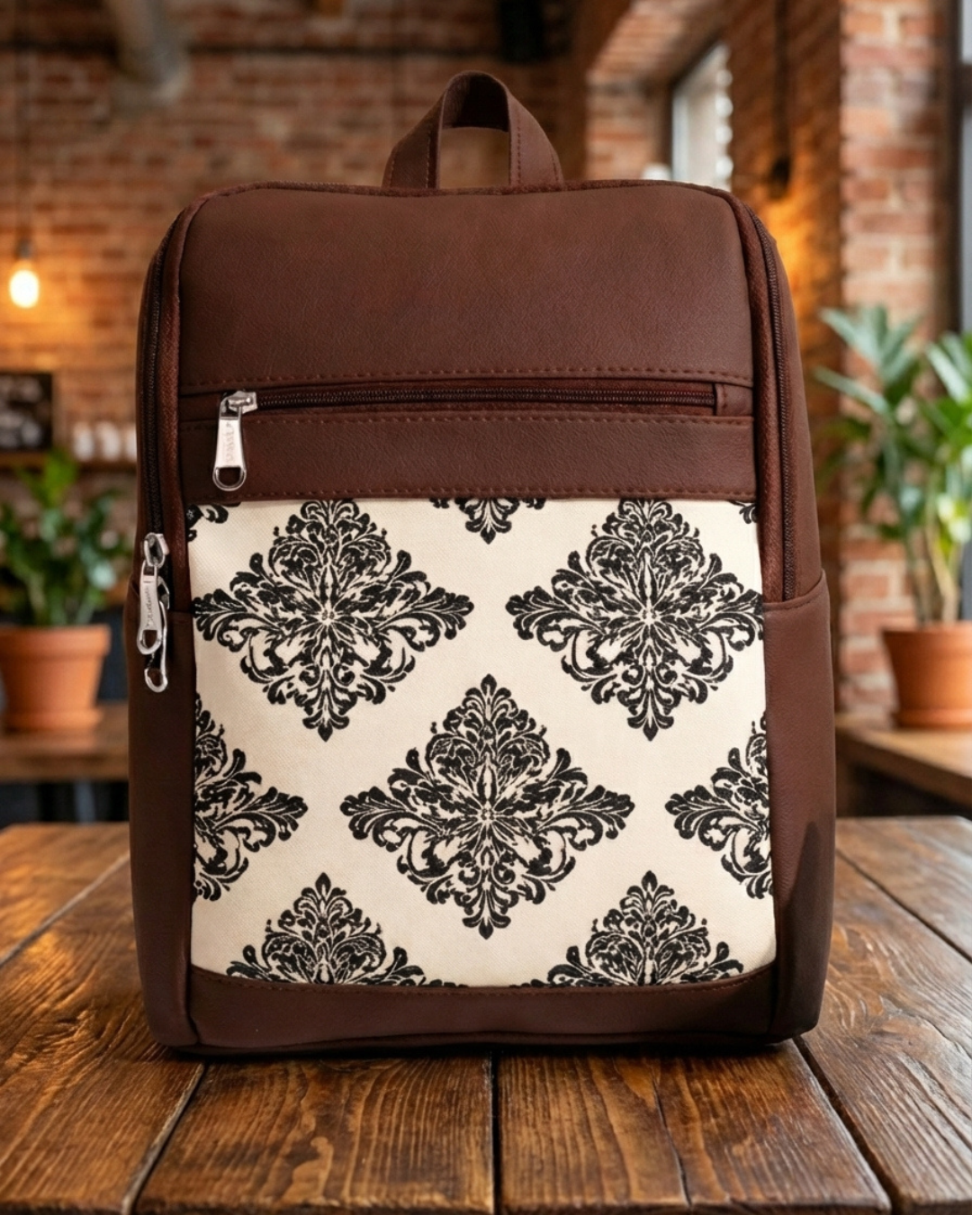 Brown backpack with black floral pattern on a wooden surface