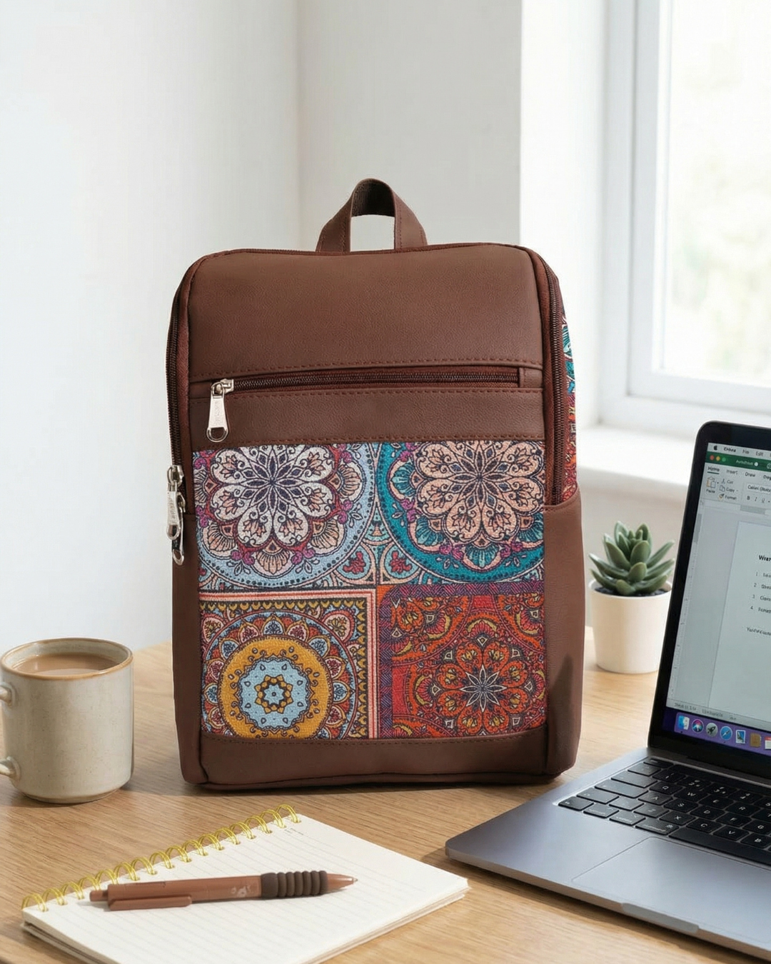 Brown backpack with colorful pattern on a desk with a laptop and coffee.