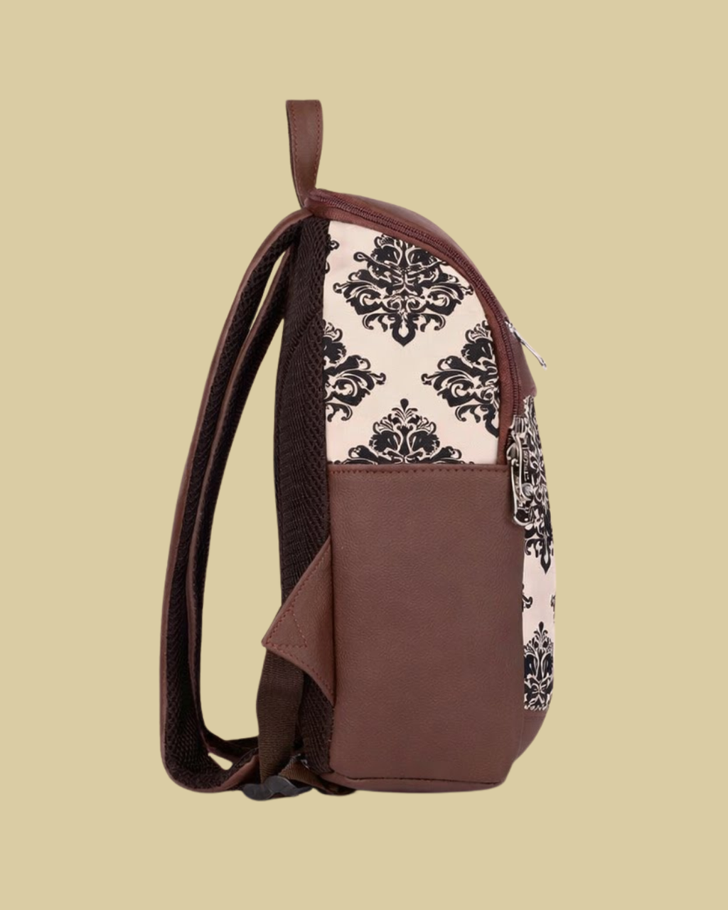 Brown backpack with decorative interior on a beige background