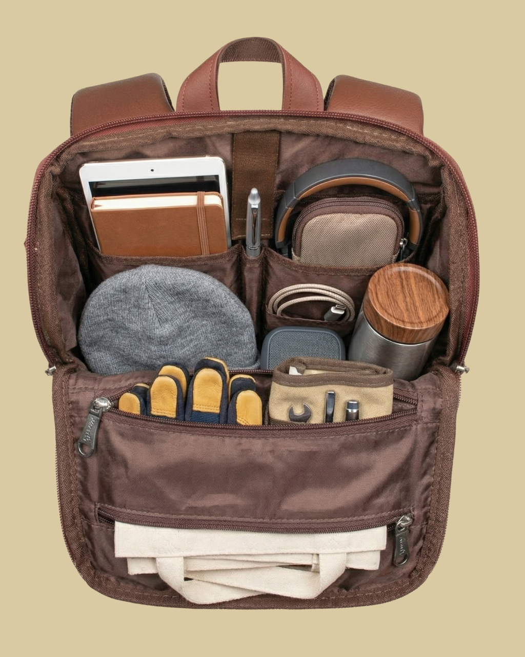 Brown backpack with various items organized inside on a beige background