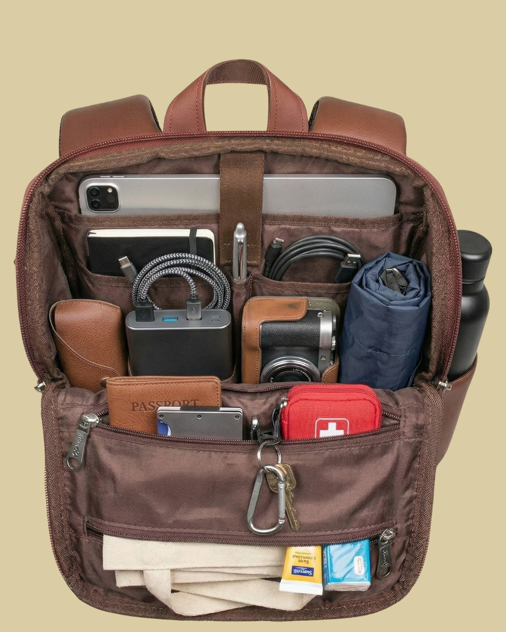 Brown backpack with various items organized inside on a beige background
