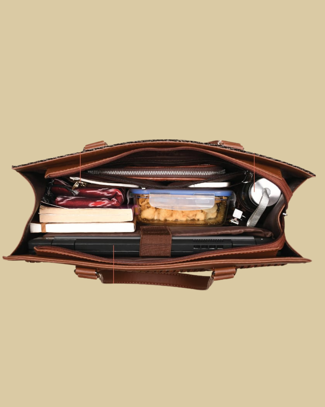 Brown leather briefcase with compartments on a beige background