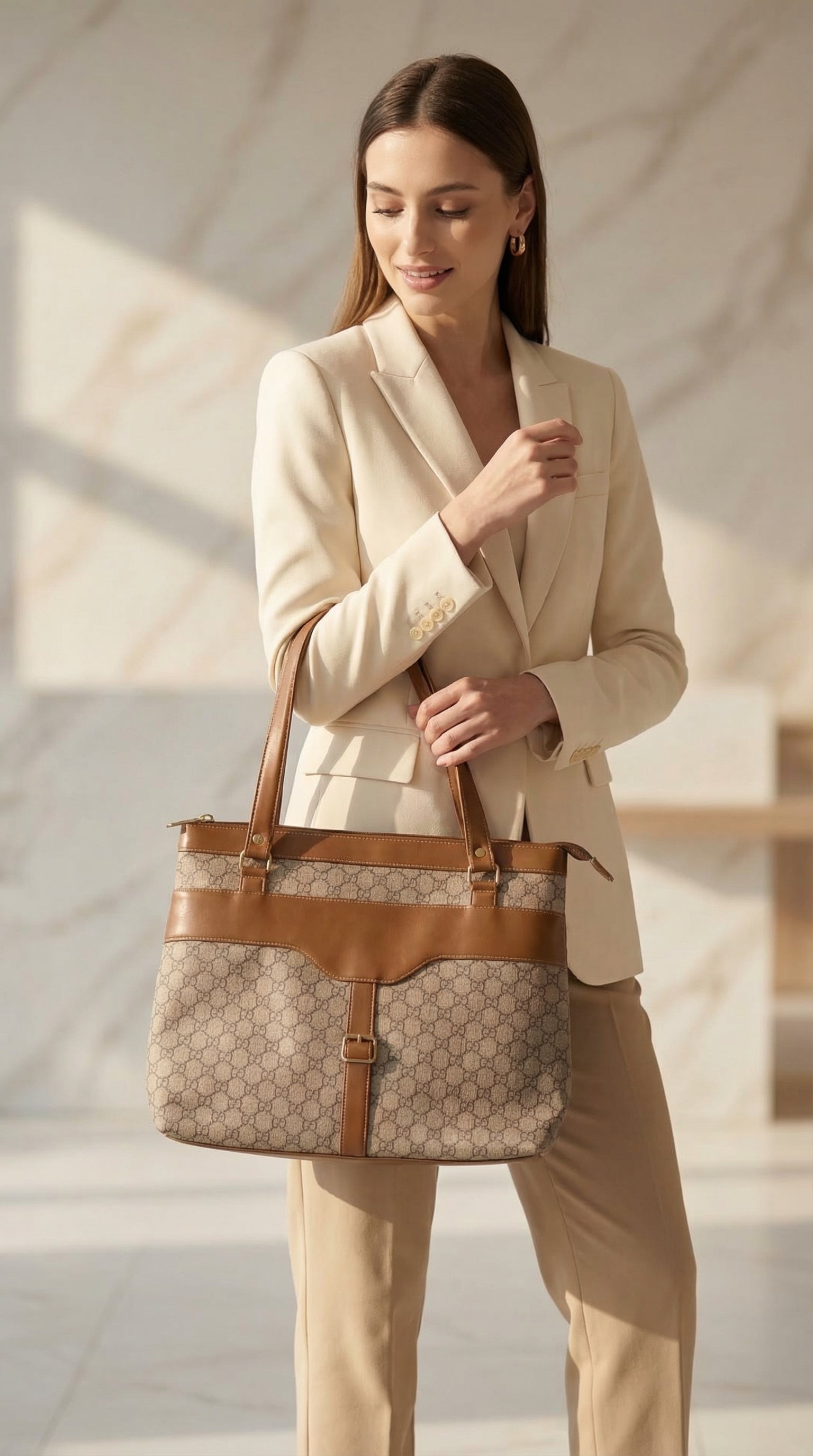 Woman holding a Gucci handbag in a neutral setting