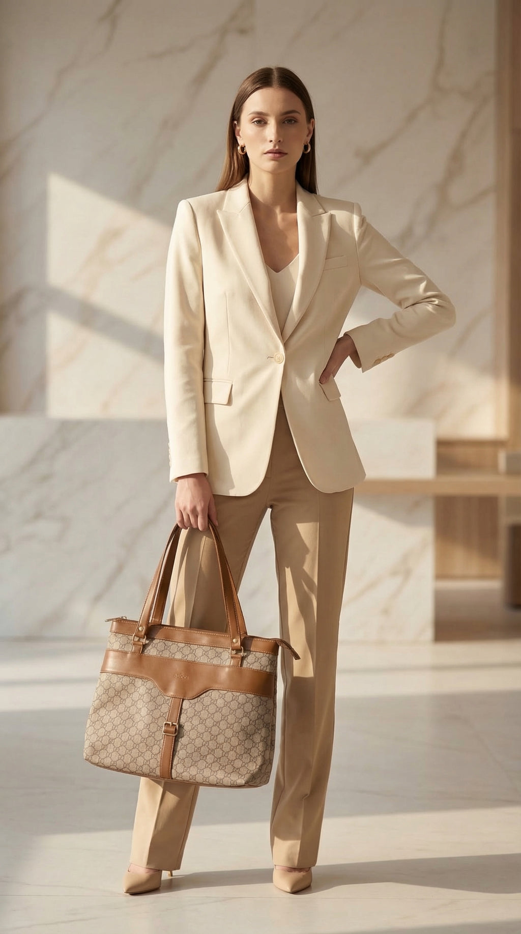 Woman in a beige suit holding a Gucci handbag in a marble interior.