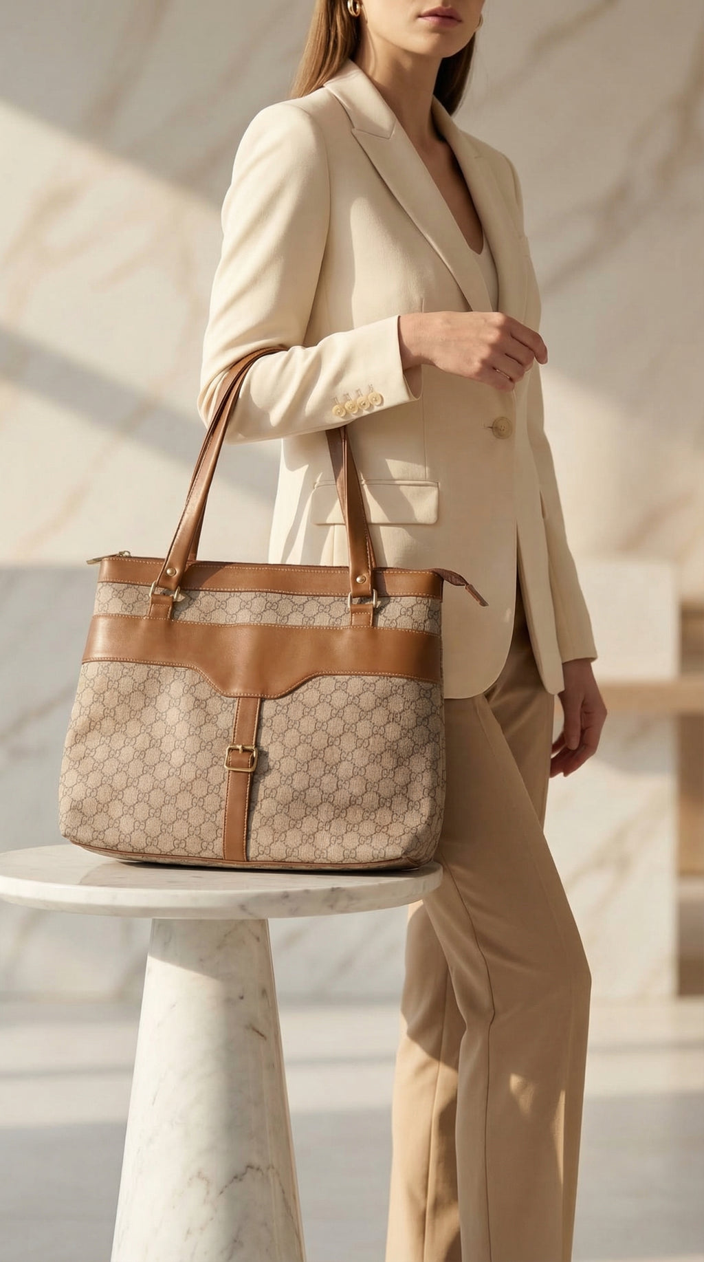 Woman holding a Gucci handbag in a neutral setting