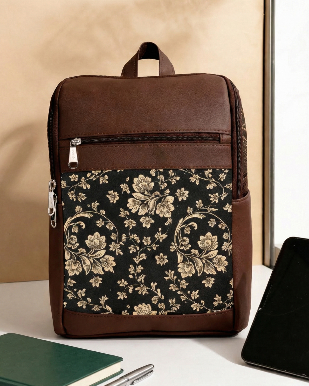 Floral-patterned backpack with brown accents on a beige background