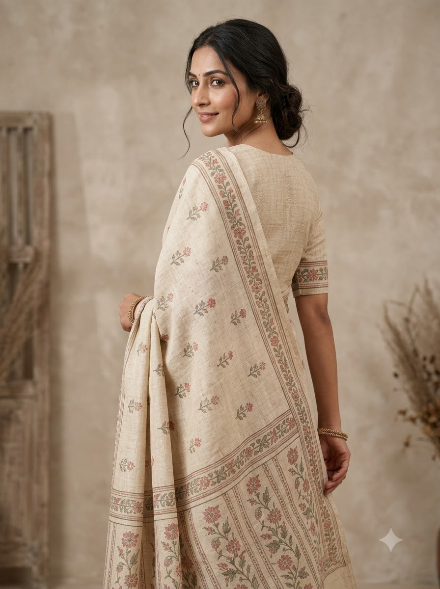 HandyJute Women's Beige Floral Printed Cotton Linen Saree