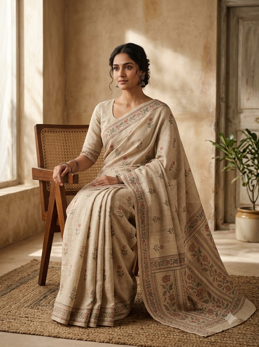 HandyJute Women's Beige Floral Printed Cotton Linen Saree
