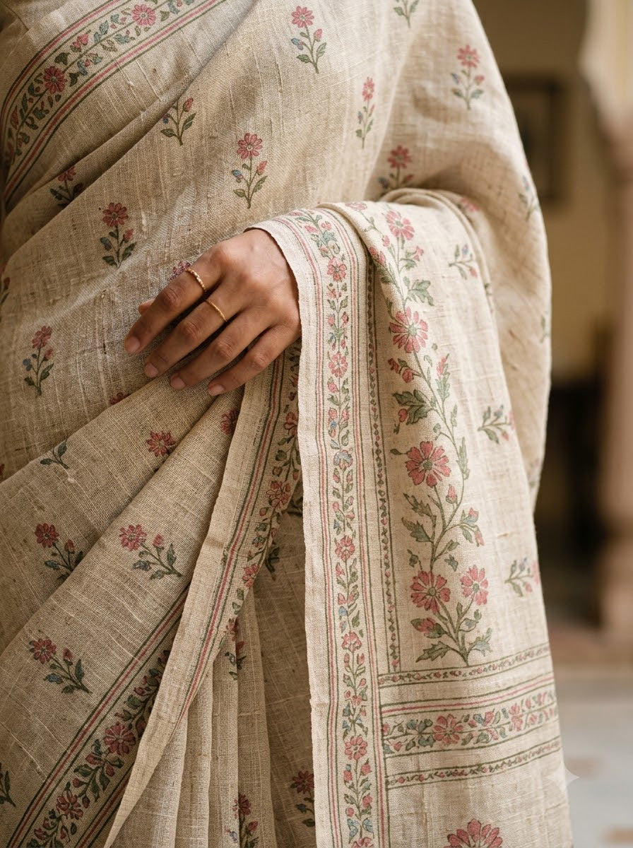 HandyJute Women's Beige Floral Printed Cotton Linen Saree