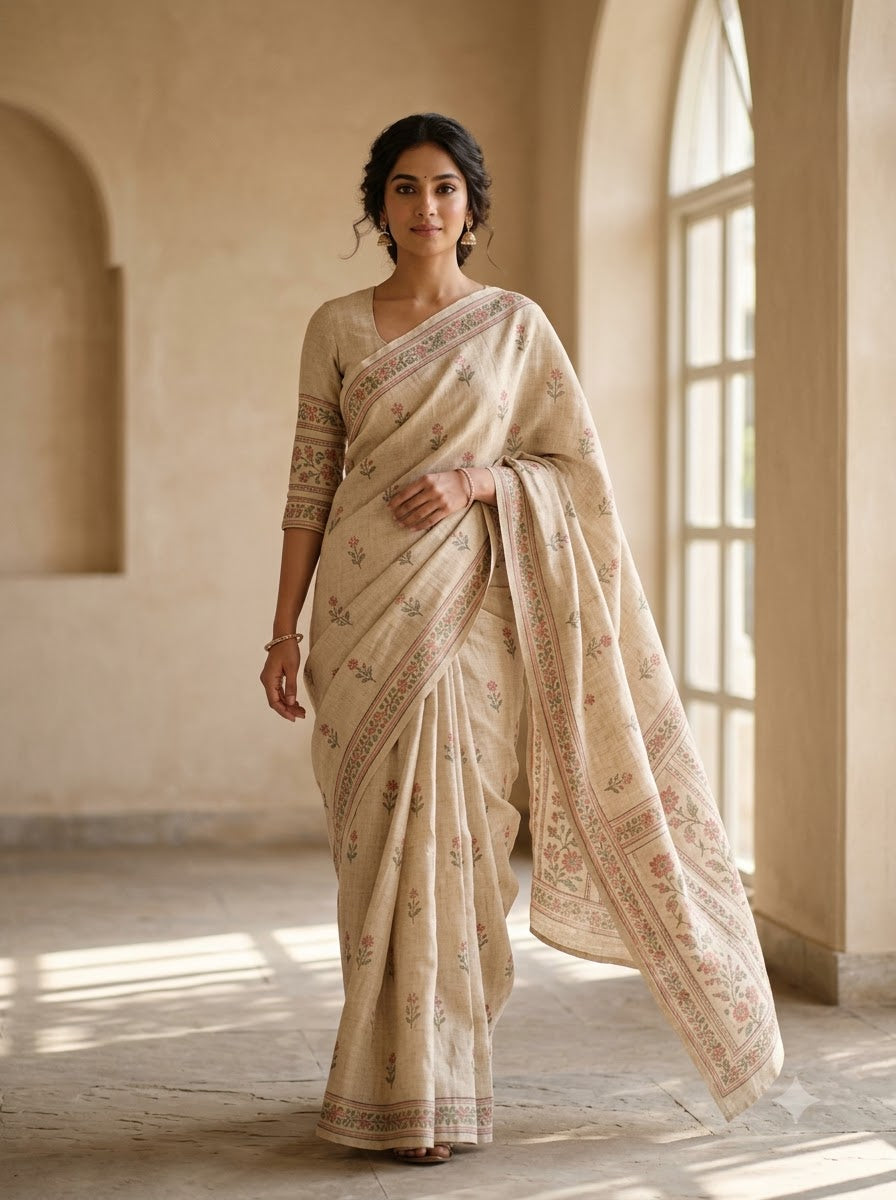HandyJute Women's Beige Floral Printed Cotton Linen Saree
